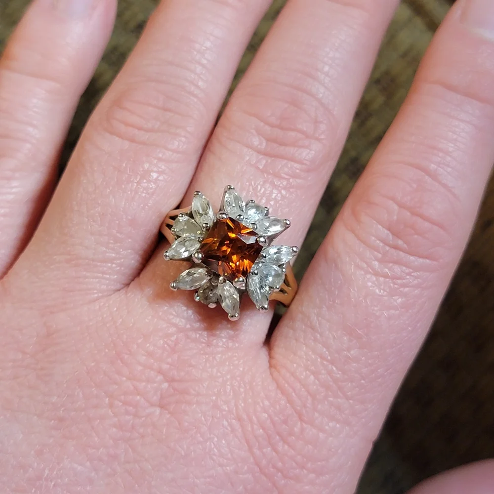 Gorgeous Vintage Sunburst Cocktail Ring Simulated Garnet and Diamond